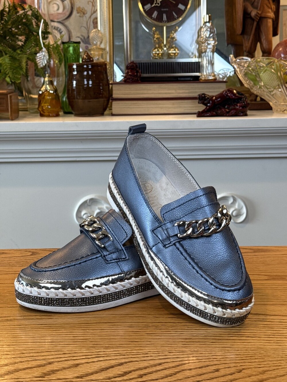 Bernie Mev TW Jodie Metallic Blue Leather Platform Loafers Chain Shoes Size 36